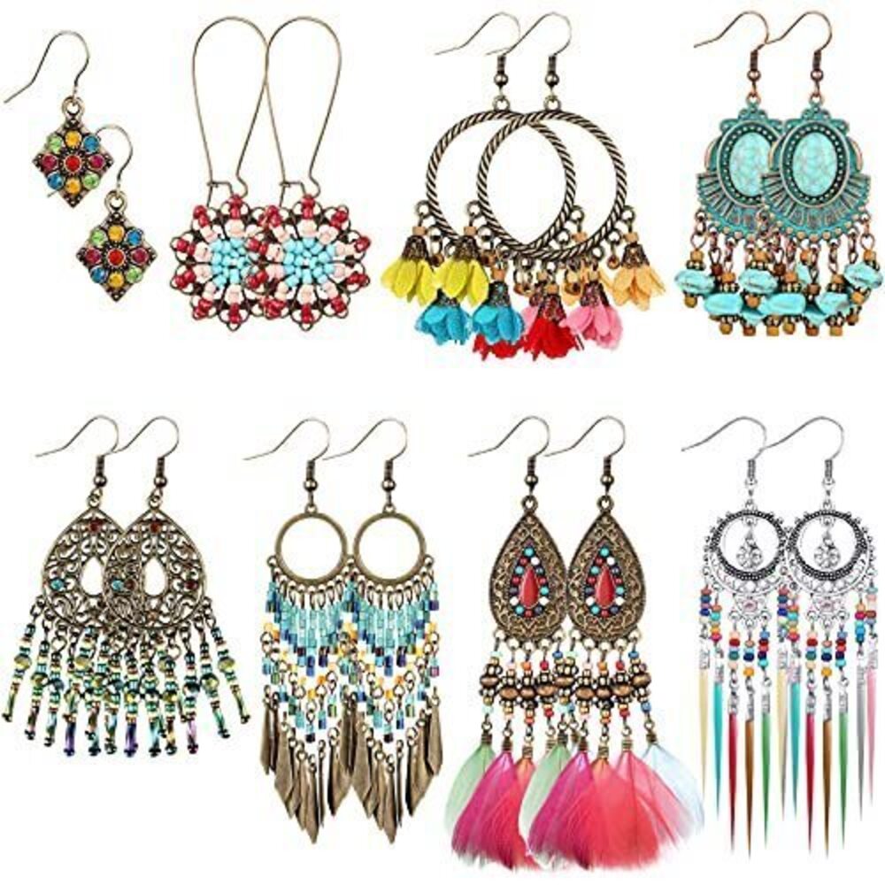 8345 8 Pairs Boho Earrings Vintage Drop Dangle Earrings Set Indian Retro